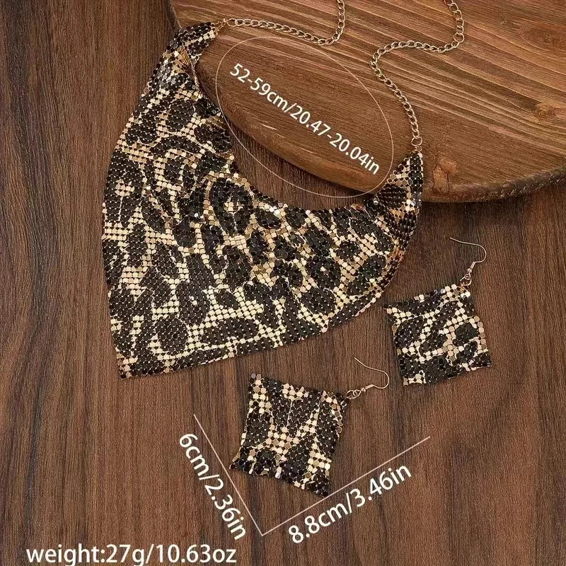 Fashion Leopard Print Jewelry Set, 3pcs, Sexy Bib Necklace & Dangle Earrings, Vintage Elegant Design, Versatile Stylish Accessor