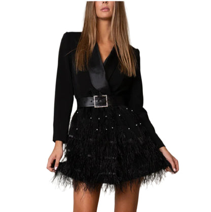 Solid Patchwork Feathers High Street Dresses For Women Lapel Long Sleeve Spliced Sashes Mini Dress