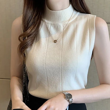 Women Knitted Solid Sweet Crop Tops O-neck Sleeveless Thin Tank Tops Basic Plain Tops Casual Tees For Women 2024 Summer