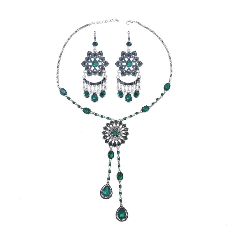 Color Crystal Coin Tassel Choker Necklace Earrings For Women Turkish Afghan Dress Indian Clothes Traditional Ethnic Jewelry Set