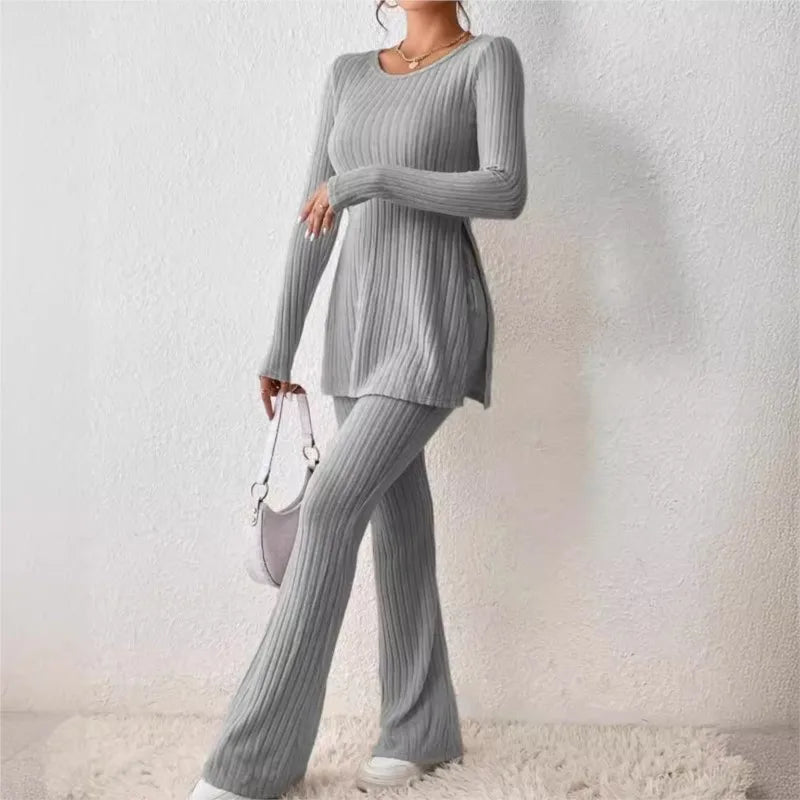 Autumn Winter Women's Clothing New Style Solid Color Sexy Casual Long Sleeved Round Neck Slit Fashion Temperament Two-piece Set