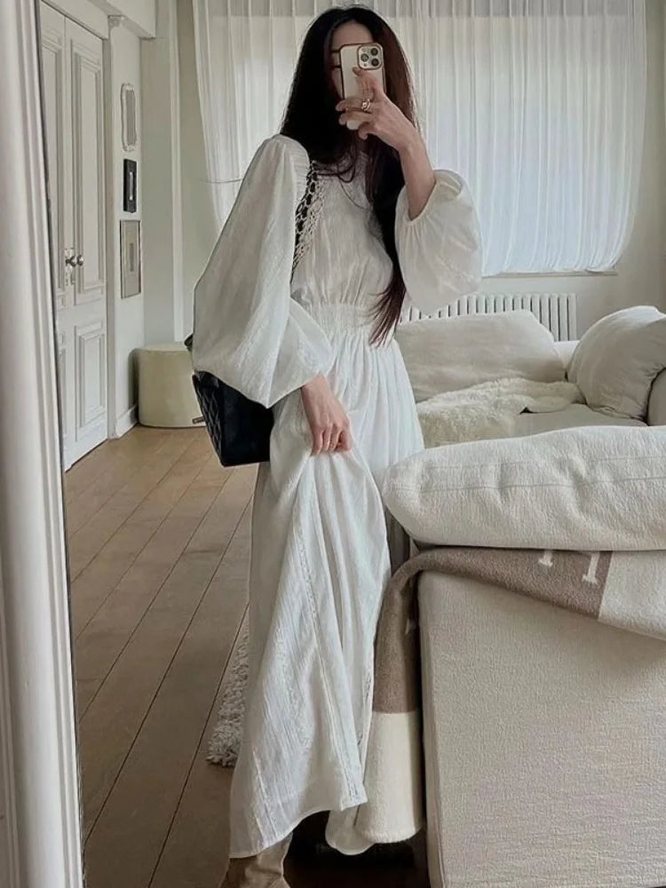 Elegant Women Stand Neck Embroidery Jacquard Dress Pleated Waist Lantern Sleeve Dresses 2025 Spring Autumn New Vestidos