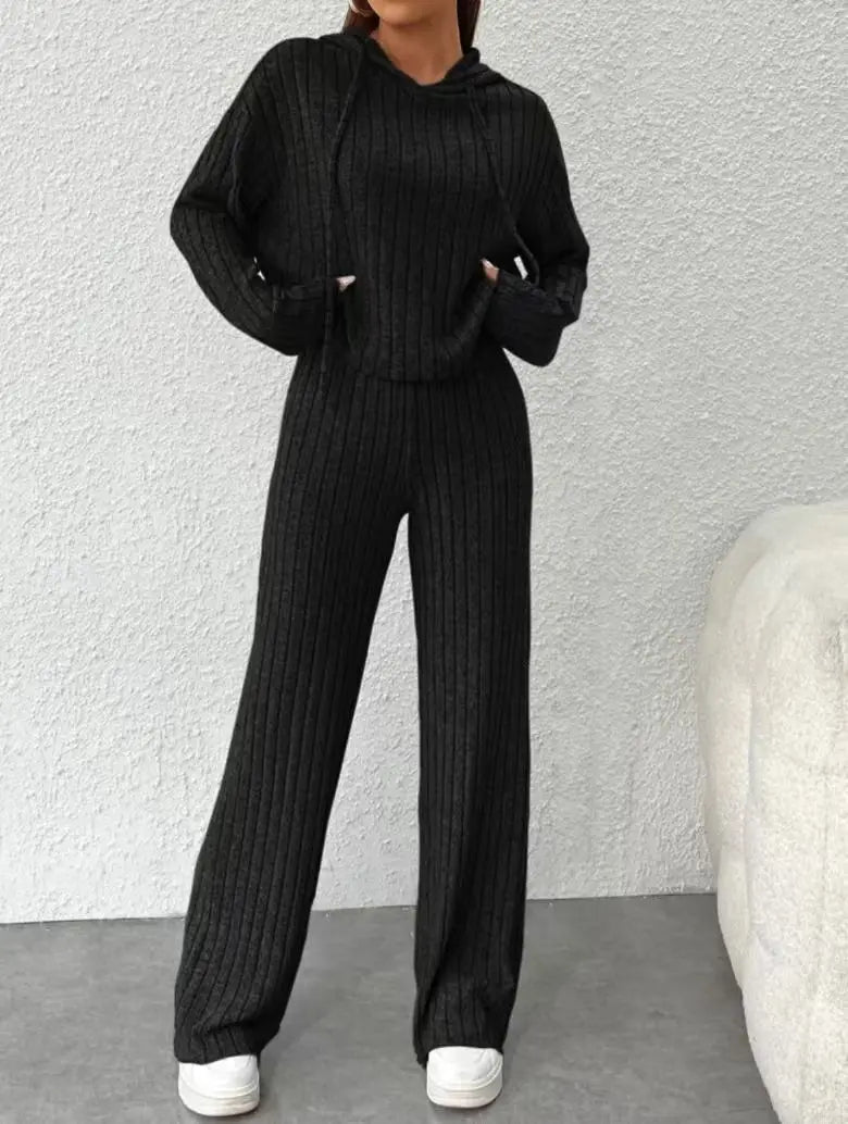 New Casual Knitted Striped Long Hooded Sweatshirt Loose Long Sleeves and Trousers Fashion Suit