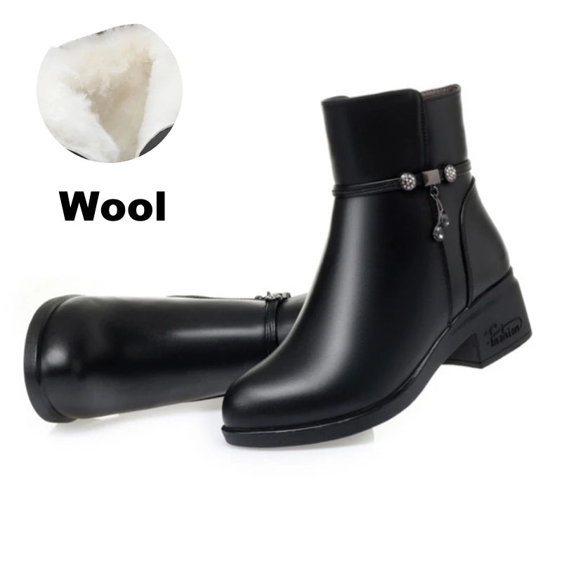 Women's Mother Female Genuien Leather Shoes Ankle Boots Winter Fur Plush Wool Warm Zipper