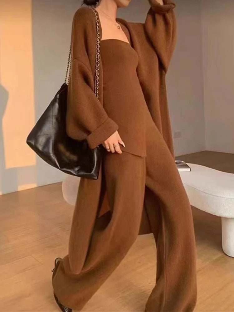 Elegant Women's Sets Casual Knit Cardigan Sweater Wide Leg Pants Fashion All Match Three Piece Set 2025 Autumn Winter C2360