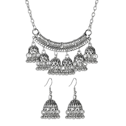 Fashion Indian Women Luxury Jewelry Set Charm Afghan Metal Small Bell Jhumka Earrings&Necklace Set Femmes Wedding Gift