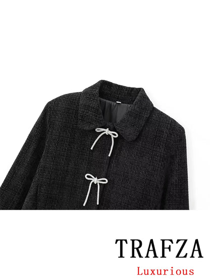 TRAFZA Vintage Casual Chic Women Jackets Solid Bow Button Long Sleeve Coats New Fashion 2024 Autumn Winter Jacket Outwear