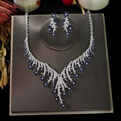 Fashion Cubic Zirconia Flowers Vine Necklace Earrings Two-piece Wedding Party Jewelry Sets For Women