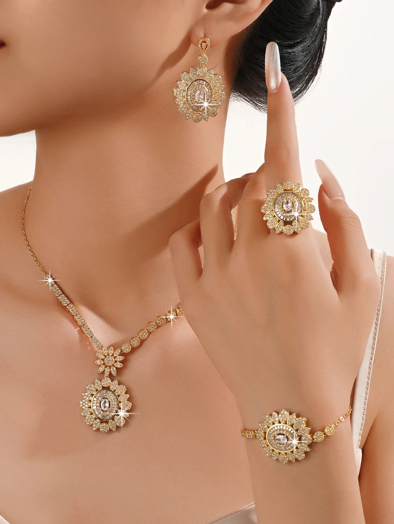 Bridal Season Luxury Set of 4-piece Gold Plated Fashion Jewelry Accessories Wedding Anniversary Gift