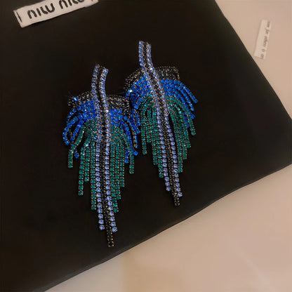 Full Rhinestone Long Tassel Earrings Women Blue Color Fashion Geometric Drop Earring