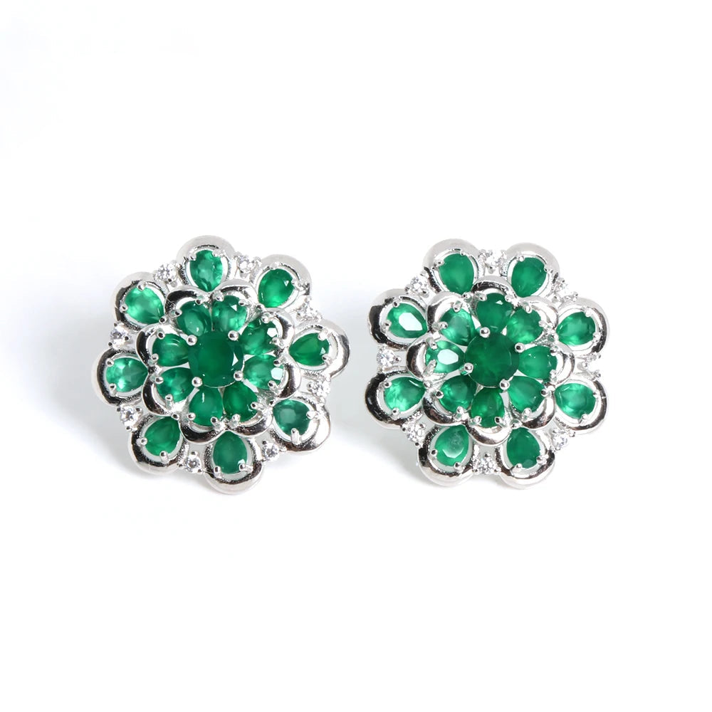 925 Sterling silver flower design natural green agate earrings Light luxury design for womens