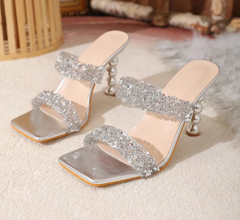 Sexy Silver Sequin rhinestone PVC Slippers For Women Square Toe Strange High Heels Sandals Summer Fashion Party Shoes