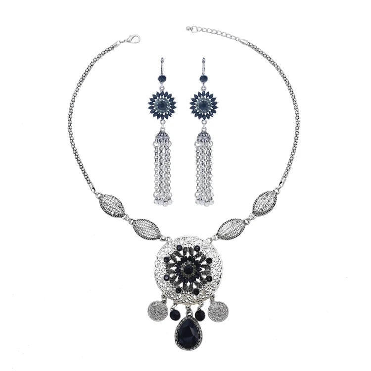 Color Crystal Coin Tassel Choker Necklace Earrings For Women Turkish Afghan Dress Indian Clothes Traditional Ethnic Jewelry Set