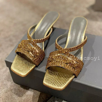 Bling Bling Rhinestone High Heels Slippers Women's Square Toe Thin Heels Lazy Sandals Summer Fashion Party Dress Shoes 2025