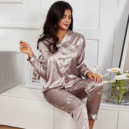 Women Silk Satin Pajamas set Long sleeve Shirt with Trouser Sleepwear Loungewear Female Pajamas Suits