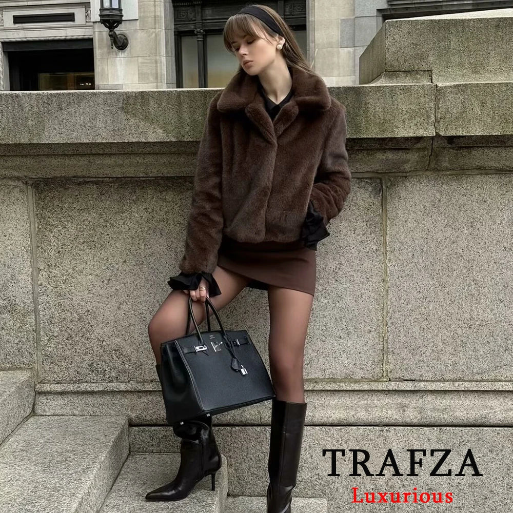 TRAFZA Vintage Causal Faux Fur Jackets Women Long Sleeve Loose Buttons Coats Fashion 2025 Spring Brown Fur Coats Elegant Outwear