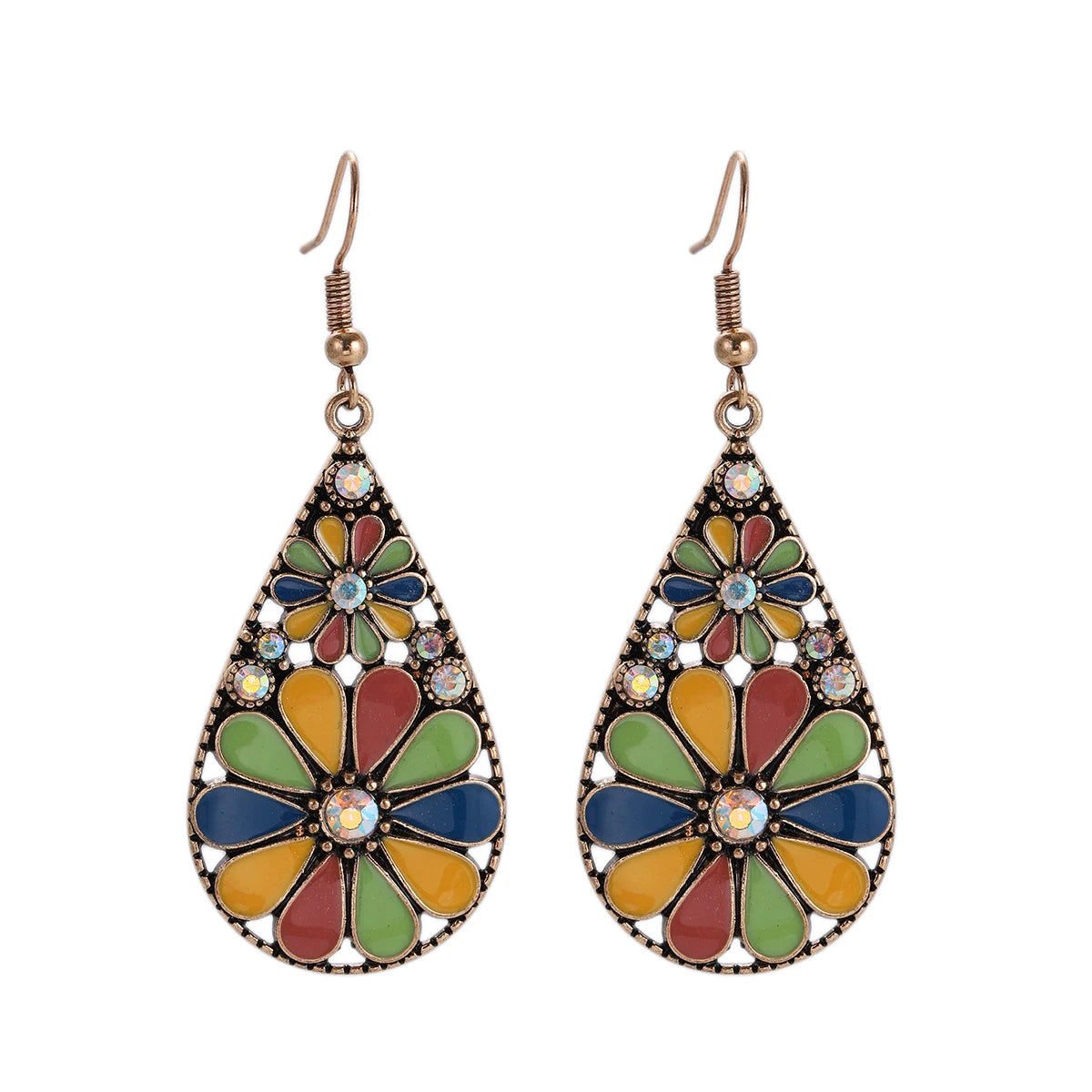 Retro Multicolor Flower Crystal Earrings for Women Boho Hollow Water Drop Pendant Earrings Girls Fashion Jewelry Gift