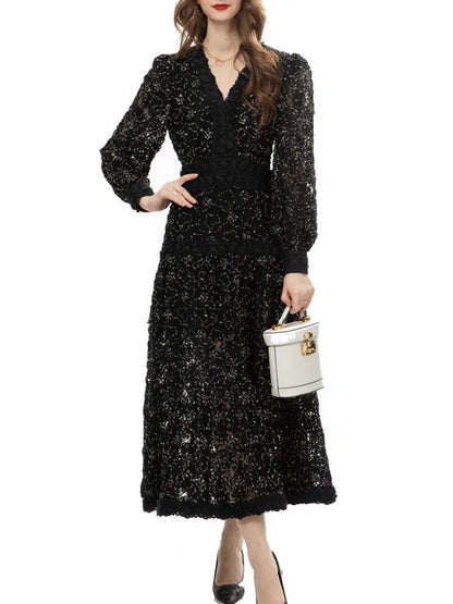 Hollow Out Embroidery Spliced Lantern Long Sleeve Black Big Swing  Lace Party Dresses For Women