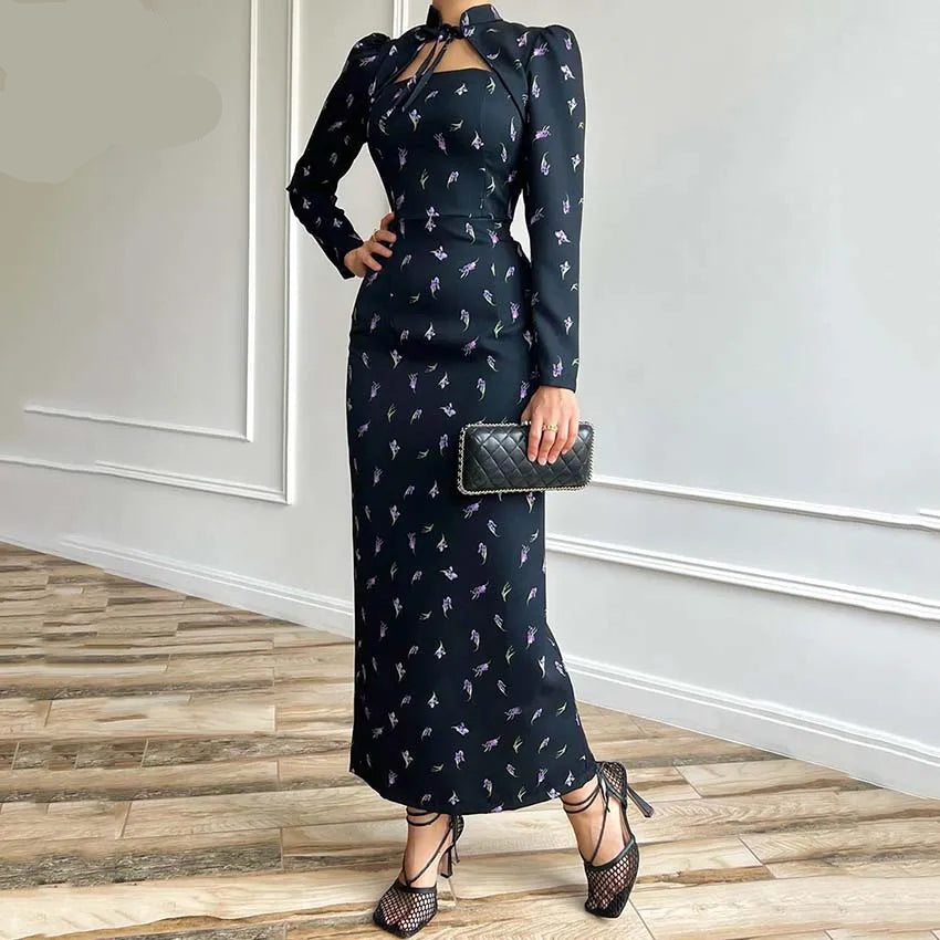 Black Print  Stand Neck Long Sleeve Lace-Up Dresses Casual Straight Ankle-Length Dresses