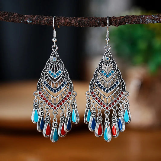 Fashion Boho Vintage Long Drop Dangle Geometric Enameled Waterdrop Tassel Bohemian Antique Women's Earrings