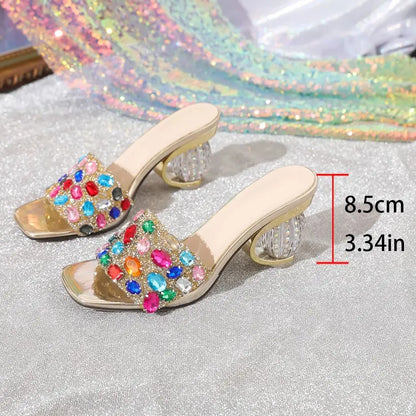 Shiny Colored rhinestone Sandals Slippers Women Transparent Thick Bottom Party Dress Mules High Heels 2025 Summer heeled