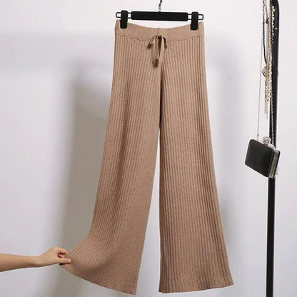 Women Wide-leg Knit Trousers Stylish Women's High Waist Drape Pants with Drawstring Ribbed Straight Wide Leg Design Solid Color