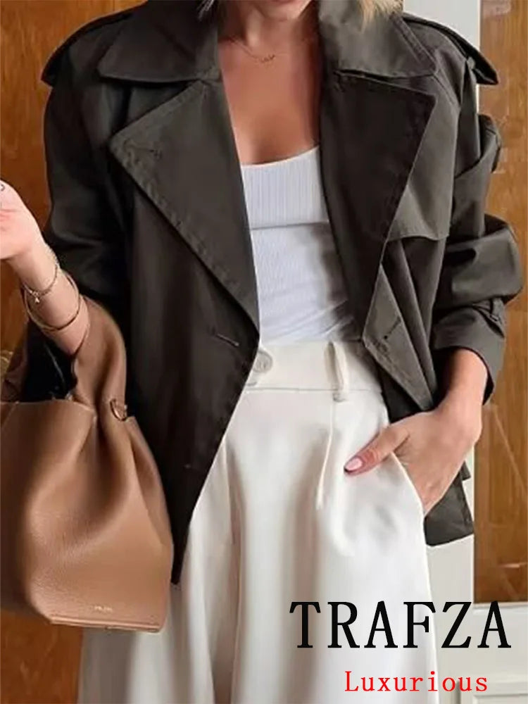 TRAFZA Vintage Casual Chic Women Jackets Solid Double Breasted Turn-down Collar Long Sleeve Short Coat Fashion 2024 Autumn Coat