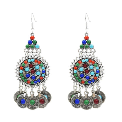 Traditional Gypsy Afghan Boho Ethnic Coins Jewelry Sets Colorful Acrylic Rhinestone Earrings Bracelet Hair Accessories for Women