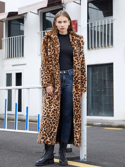 High Street Leopard Print Long Faux Fur Coat Fluffy Jacket for Women Winter Faux Rabbit Fur Trench Coat Plush Jackets