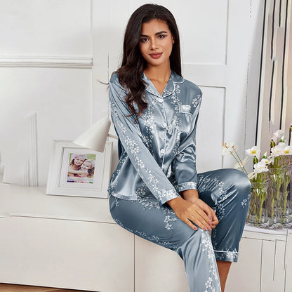 Women Silk Satin Pajamas set Long sleeve Shirt with Trouser Sleepwear Loungewear Female Pajamas Suits