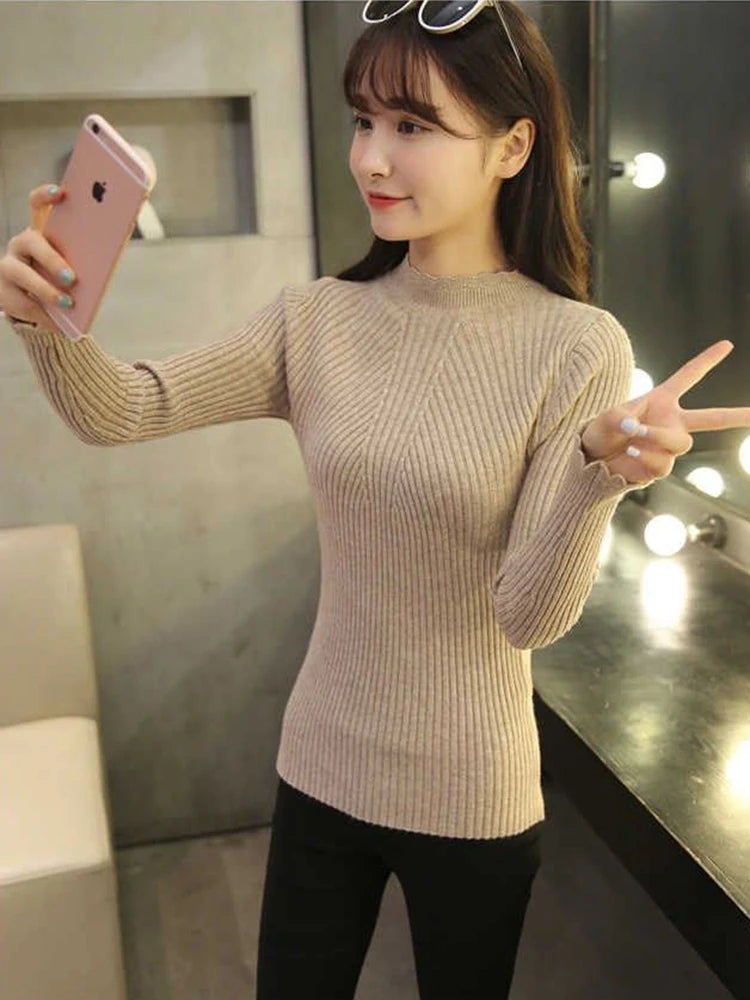 Autumn Women Mock Neck Ruffles Sweater Long Sleeve Knitted Bottoming Solid Pullovers Stripe Women Casual Sweater Winter