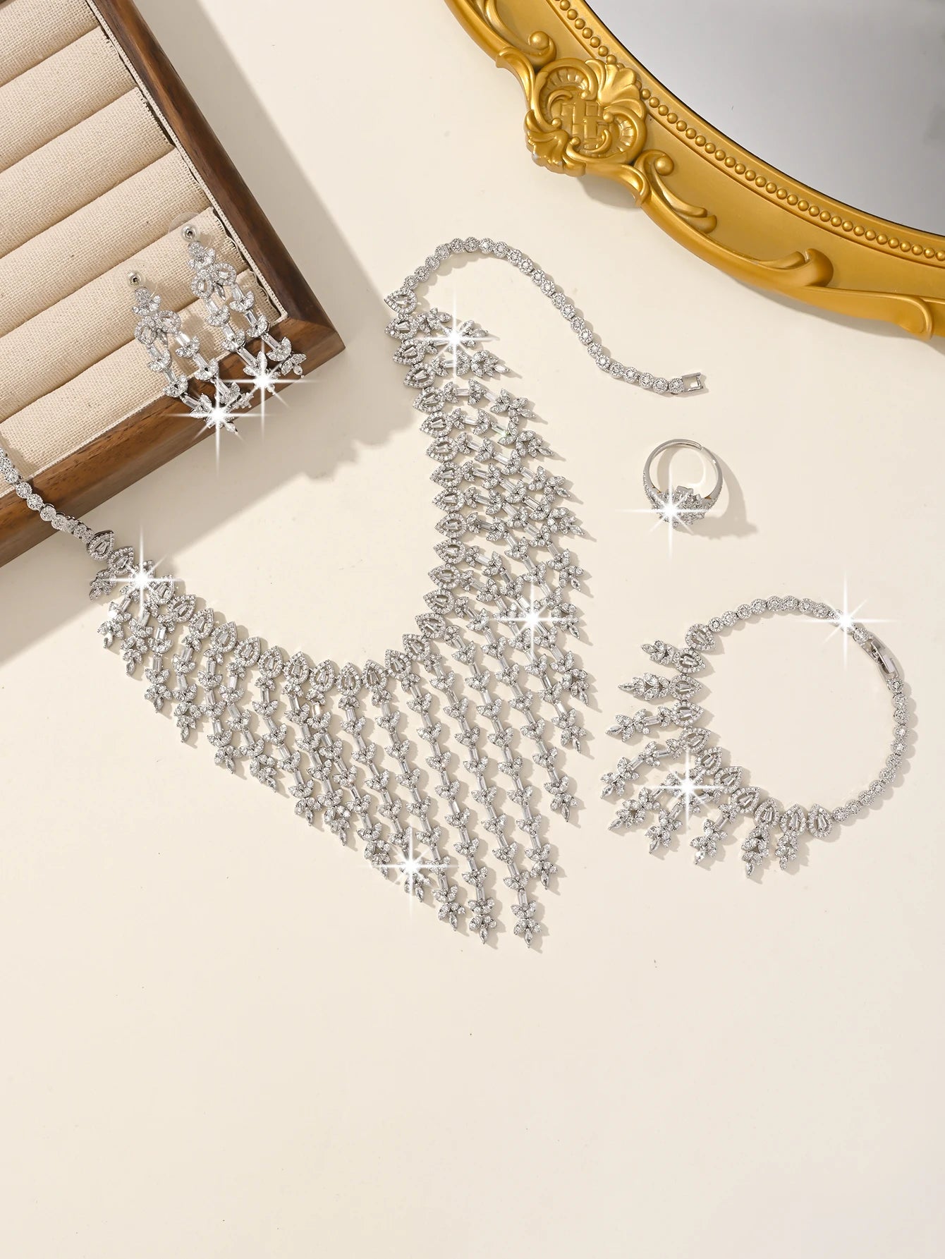 Luxury Platinum plated white stone  Jewellery Set 4-piece Wedding Anniversary Gift