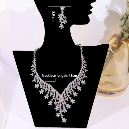 Fashion Cubic Zirconia Flowers Vine Necklace Earrings Two-piece Wedding Party Jewelry Sets For Women