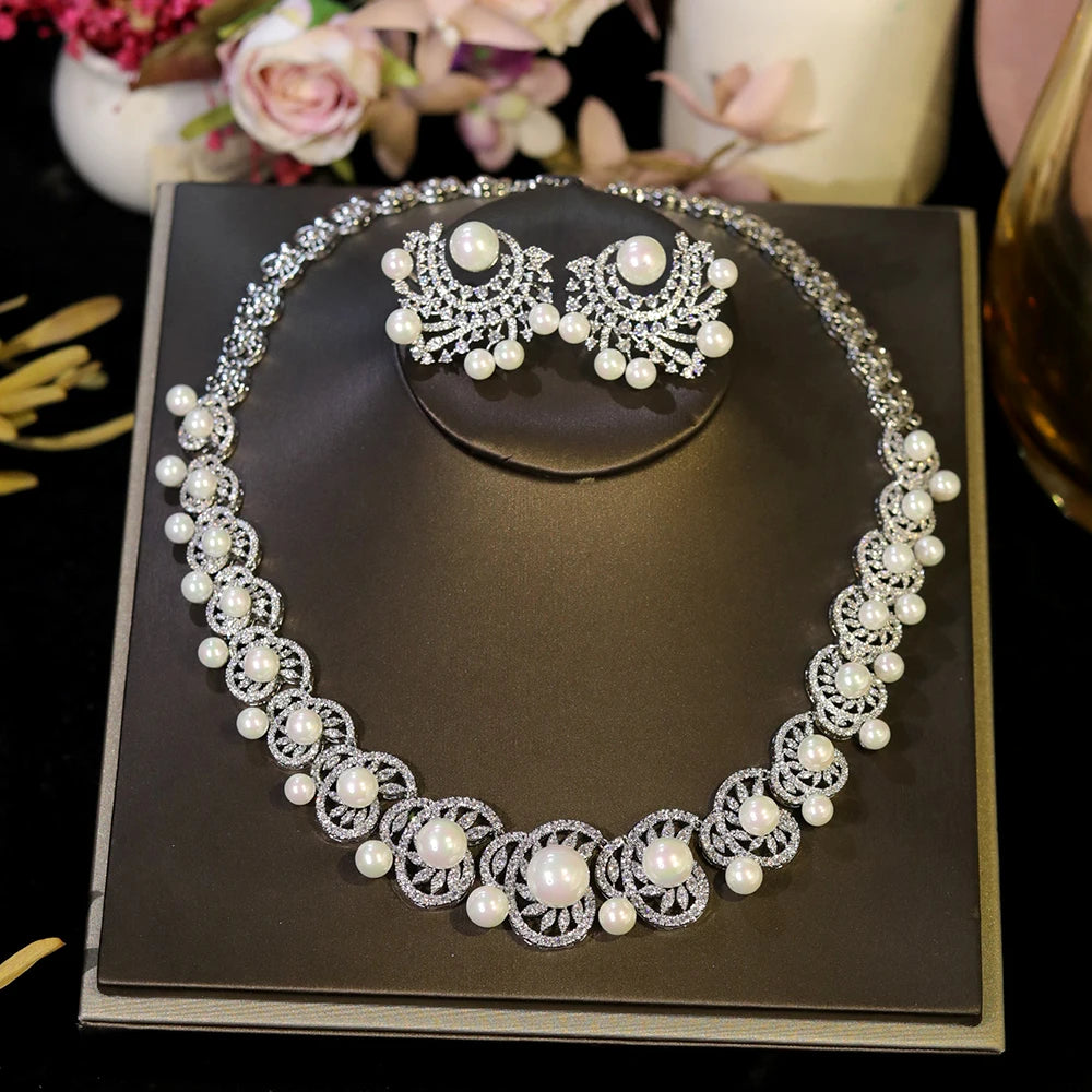 ASNORA White Cubic Zirconia Luxury Choker Heptacolor Big Pearl Necklace Wedding Bridal Party Jewelry Sets for Women X0538