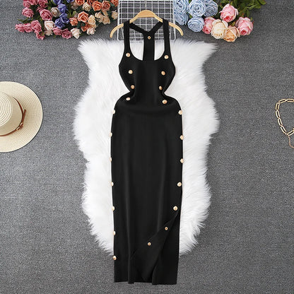 Summer Sexy Halter Sleeveless Buttoned Maxi Bodycon Dress