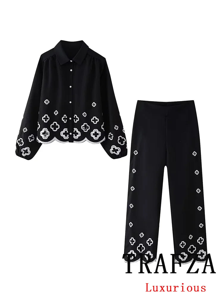 TRAFZA Vintage Casual Chic Women Suit Solid Black Embroidery Single Breasted Shirts Loose Long Pants Fashion 2024 Spring Sets