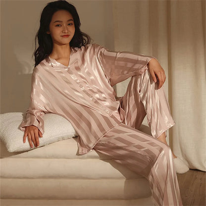 Women's Pajama Set Summer Striped Long Sleeve Top Trousers Silk Satin Home Suit Spring Autumn Loose Casual Sleepwear Nightwear