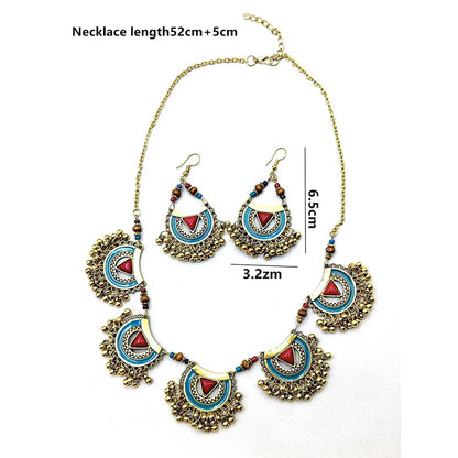 Bohemia Red Turquoise Stone Necklace Earring Women Antique Gold Plated Chokers Collier Femme Geometric Tassel Necklaces Jewelry