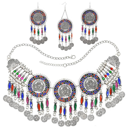 3pcs Indian Afghan Jewelry Sets Necklace Earrings Hairbands for Women Boho Ethnic Coins Tassels Colorful Crystal Drop Accessory