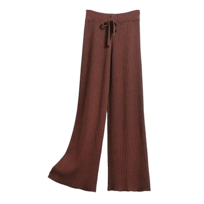 Women Wide-leg Knit Trousers Stylish Women's High Waist Drape Pants with Drawstring Ribbed Straight Wide Leg Design Solid Color