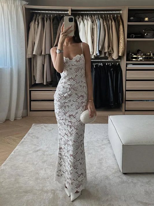 Women Chic white Lace Back lace up Maxi Dress Sexy Skinny Square Neck Backless Sling Robe Elegant Cocktail Dresses