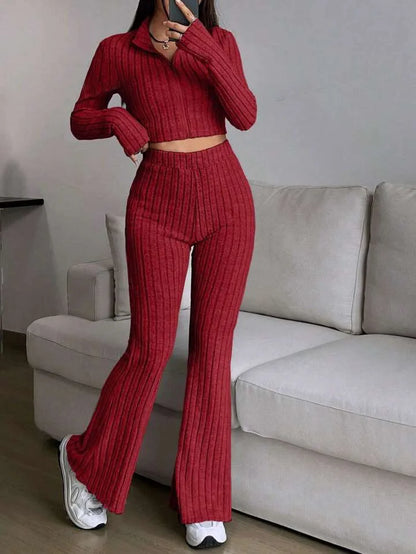 Short Style Zip Rib Knit Tops Long Pants Suit Women Casual Long Sleeve T-shirt & Slim Trousers 2 Piece Sets Autumn Women Sets