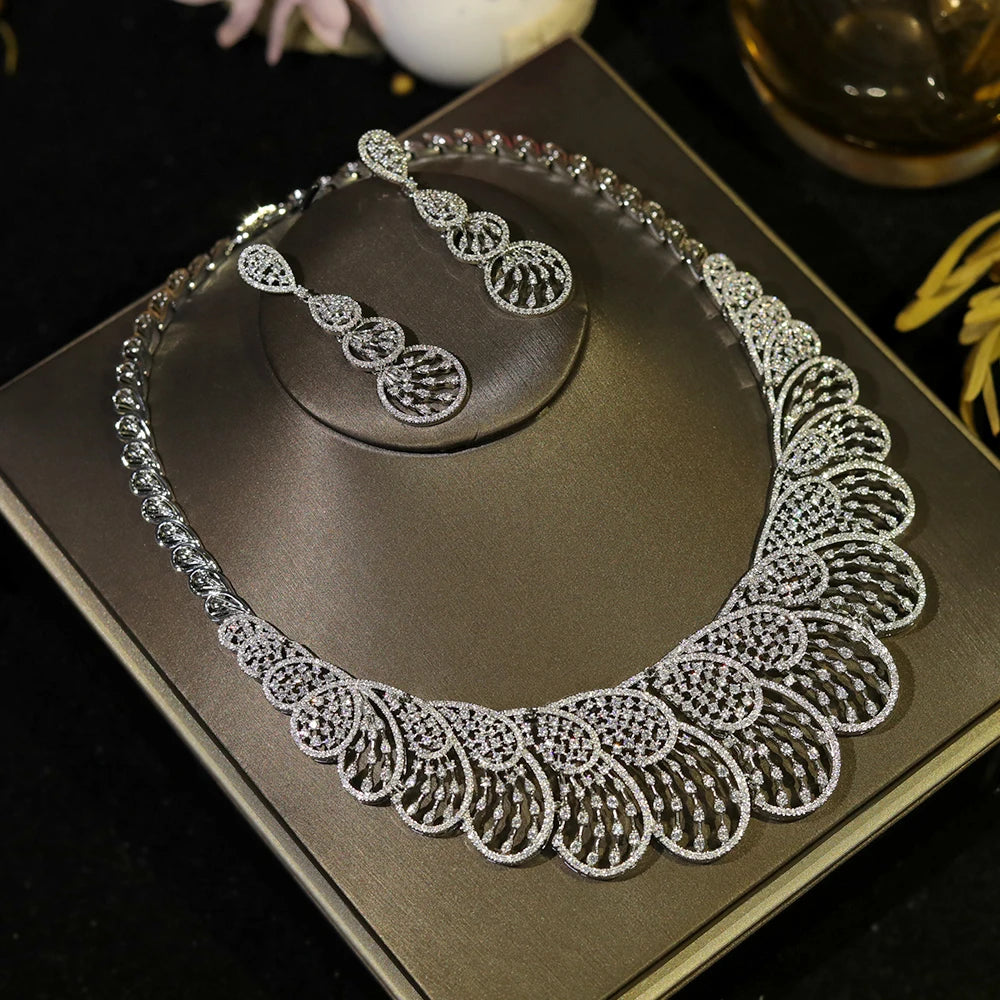 Luxury CZ Jewelry Sets for Women Shiny Hollow Circular Design Necklace 2PCS Set Girl Gift Bloom High Quality Bridal Accessories