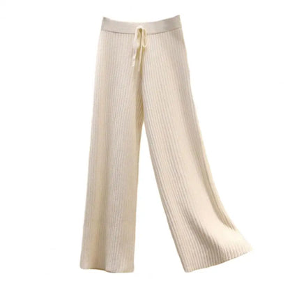 Women Wide-leg Knit Trousers Stylish Women's High Waist Drape Pants with Drawstring Ribbed Straight Wide Leg Design Solid Color