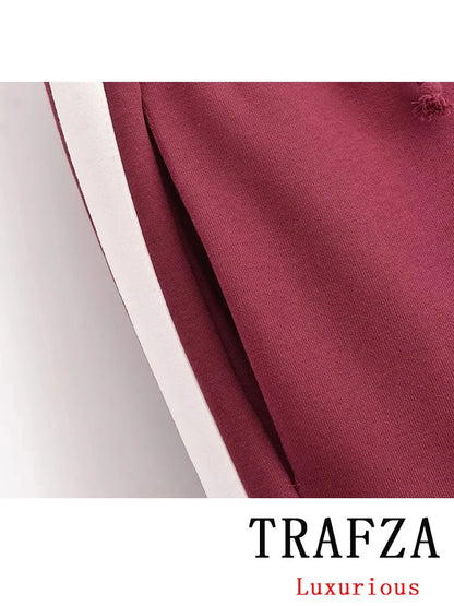 TRAFZA Vintage Casual Chic Women Suit Solid Stand Collar Zipper Top Loose Long Drawstring Pants New Fashion 2025 Holiday Sets