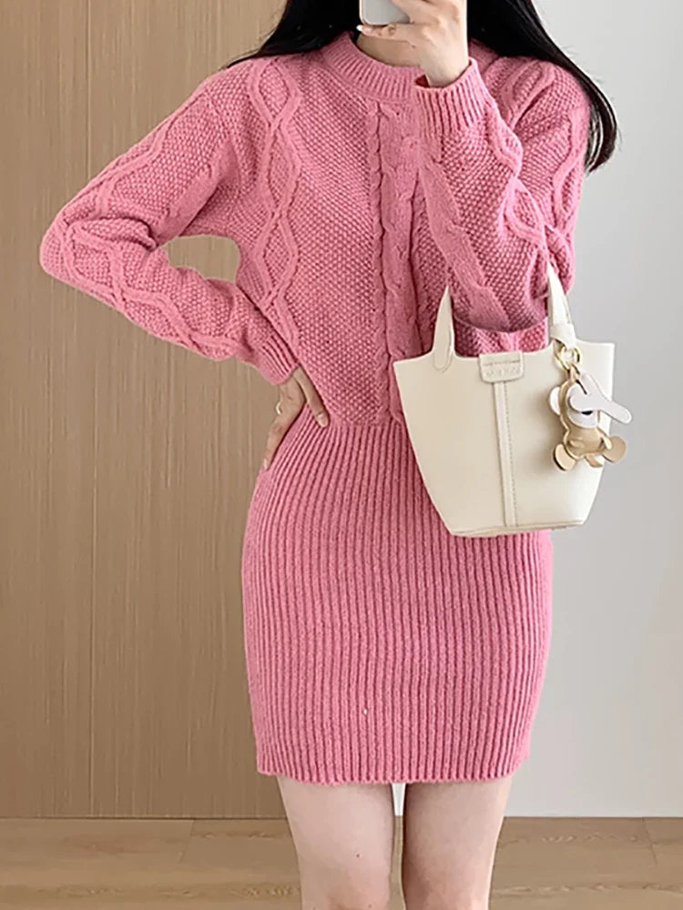 Ribbed Pullover Bodycon Cable Knitwear Two Piece Dress