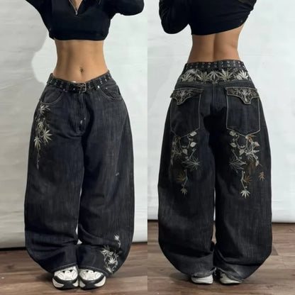 American New Fashion Multi-pocket Washed Baggy Jeans Women Vintage Hip Hop High Waist Casual Wide Leg Pants