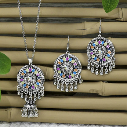 Boho Women Colorful Flower Round Earring Set Indian Jhumka Necklace for Ladies Retro Antique Silver Plated Beads Tassel Jewelry