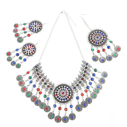 Colorful Crystal Bead Coin Ethnic Choker Necklace Drop Earrings Set For Women Retro Gypsy Afghan Traditional Dress Jewelry Sets