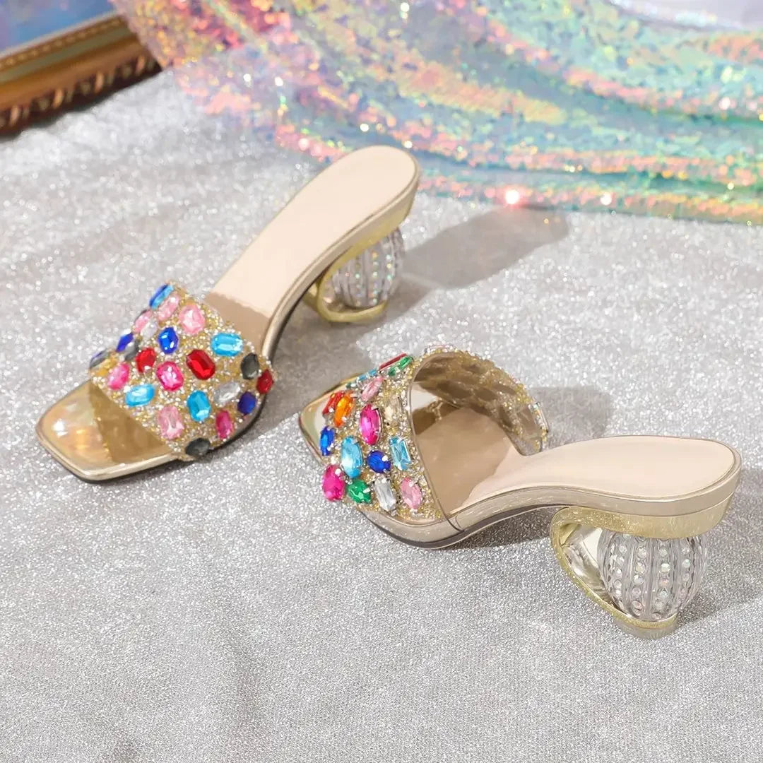 Shiny Colored rhinestone Sandals Slippers Women Transparent Thick Bottom Party Dress Mules High Heels 2025 Summer heeled